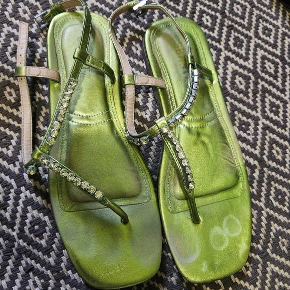 Schutz Poison Green Leather Metallic Bejewled Sandals - Picture 6 of 7